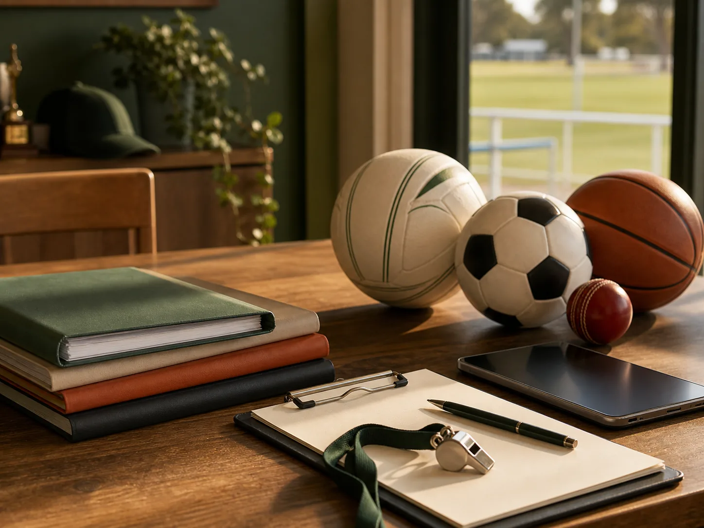 Community sport equipment, rule folders, a clipboard, whistle, and tablet on a clubhouse table